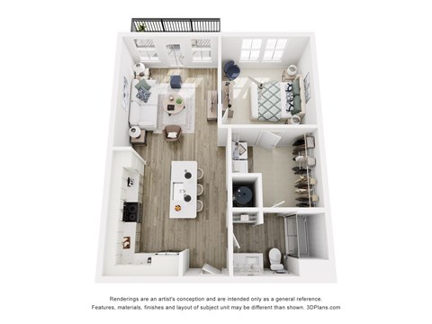 A 3D floor plan of Tapestry Beard Road - A1 1-bedroom 1-bathroom apartment